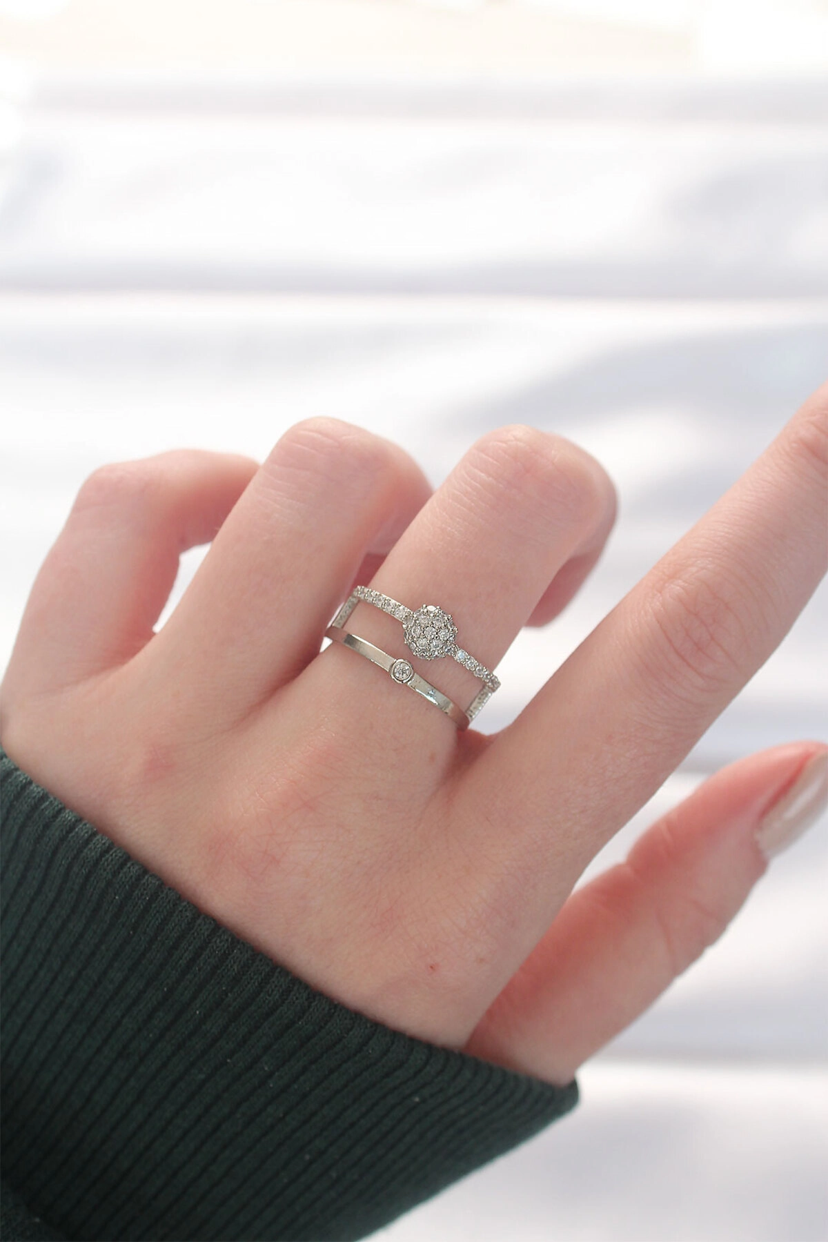 2li Görünümlü Topçuk Model Silver Renk Ayarlanabilir Yüzük-0