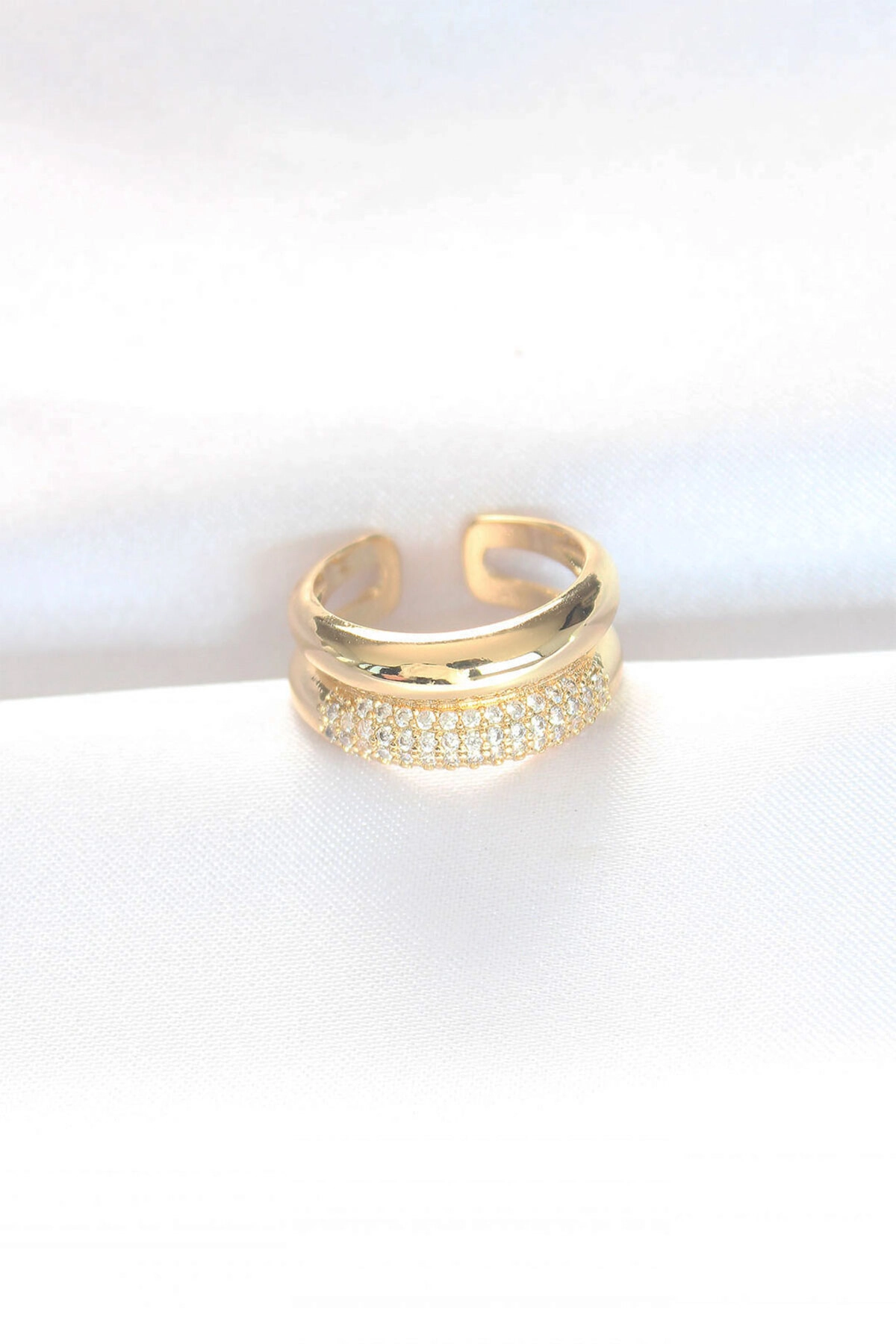 2li Görünümlü Zirkon Taşlı Gold Renk Ayarlanabilir Bombe Yüzük-0