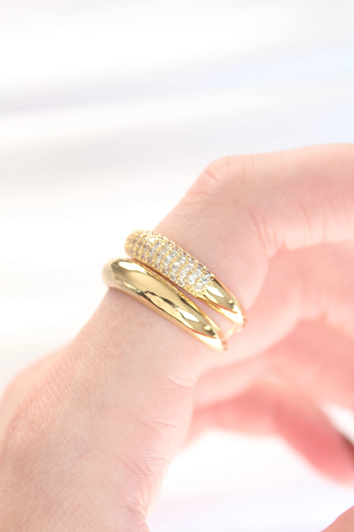 2li Görünümlü Zirkon Taşlı Gold Renk Ayarlanabilir Bombe Yüzük-1