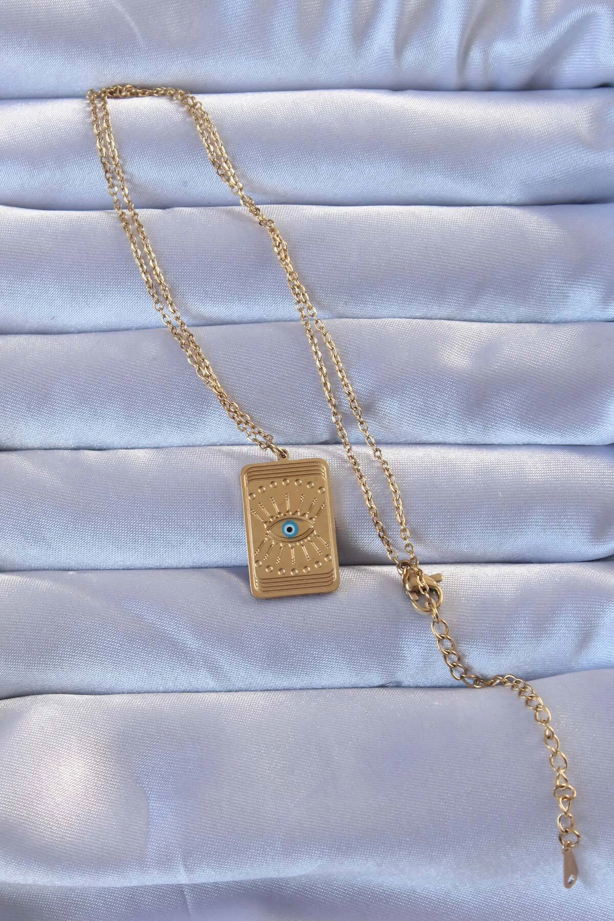 316L Altın Renk İşlemeli Nazarlı Göz Model Vintage Kolye-1