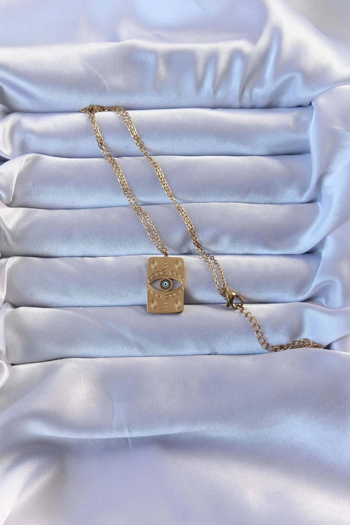 316L Altın Renk İşlemeli Nazarlı Vintage Kolye-1