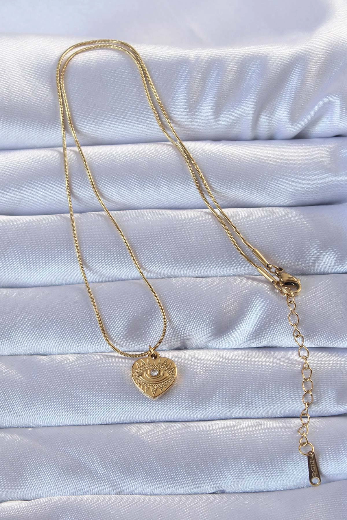 316L Altın Renk Zirkon Taşlı İşlemeli Göz Detay Kalp Kolye-1