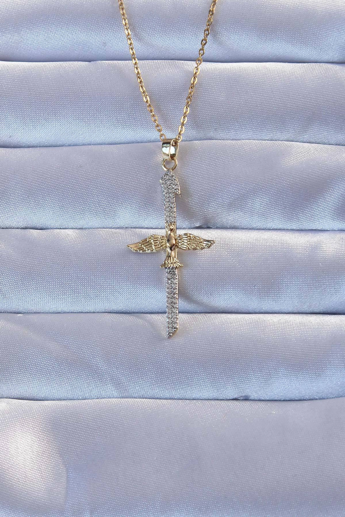 316L Altın Renk Zirkon Taşlı Kılıç Model Anka Kuşu Kolye-0