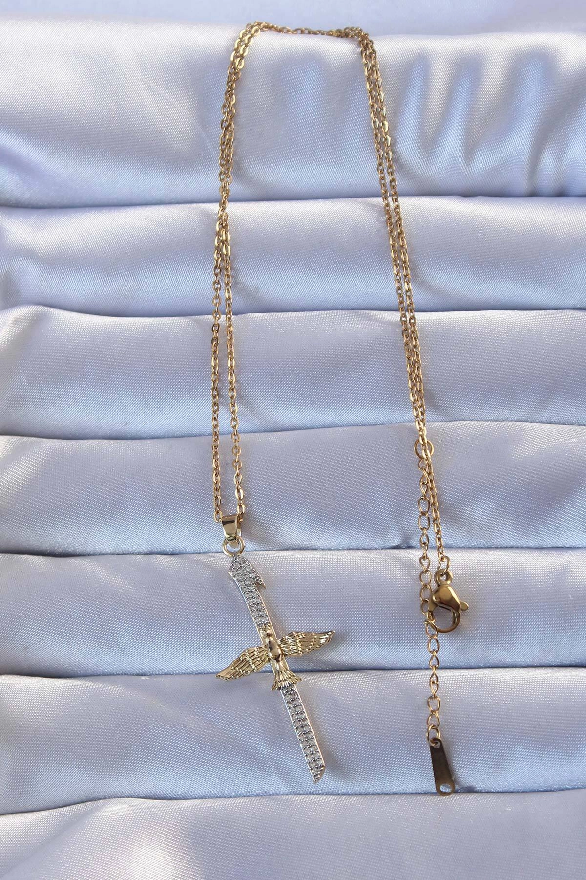 316L Altın Renk Zirkon Taşlı Kılıç Model Anka Kuşu Kolye-1