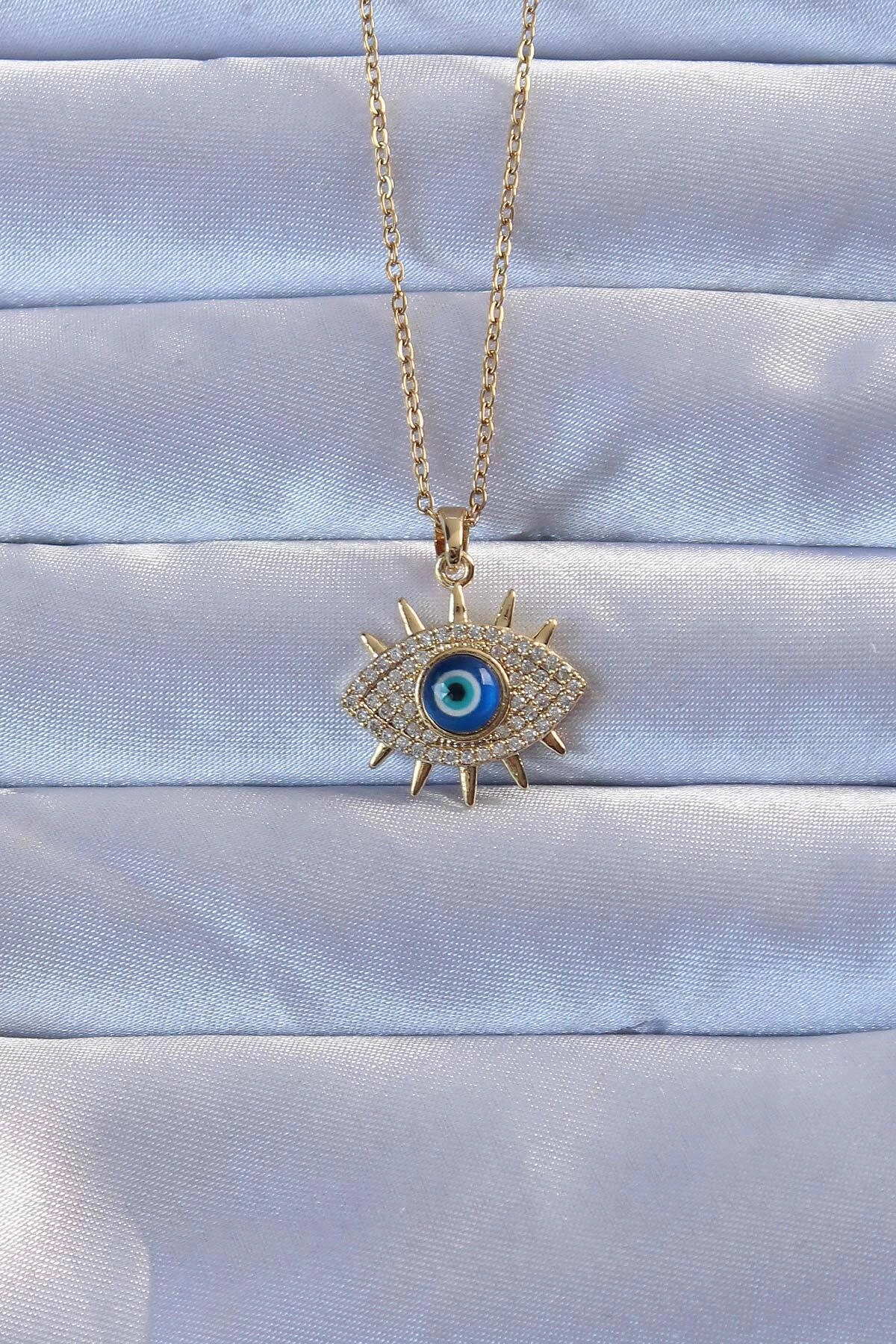 316L Altın Renk Zirkon Taşlı Nazarlı Göz Kolye-0