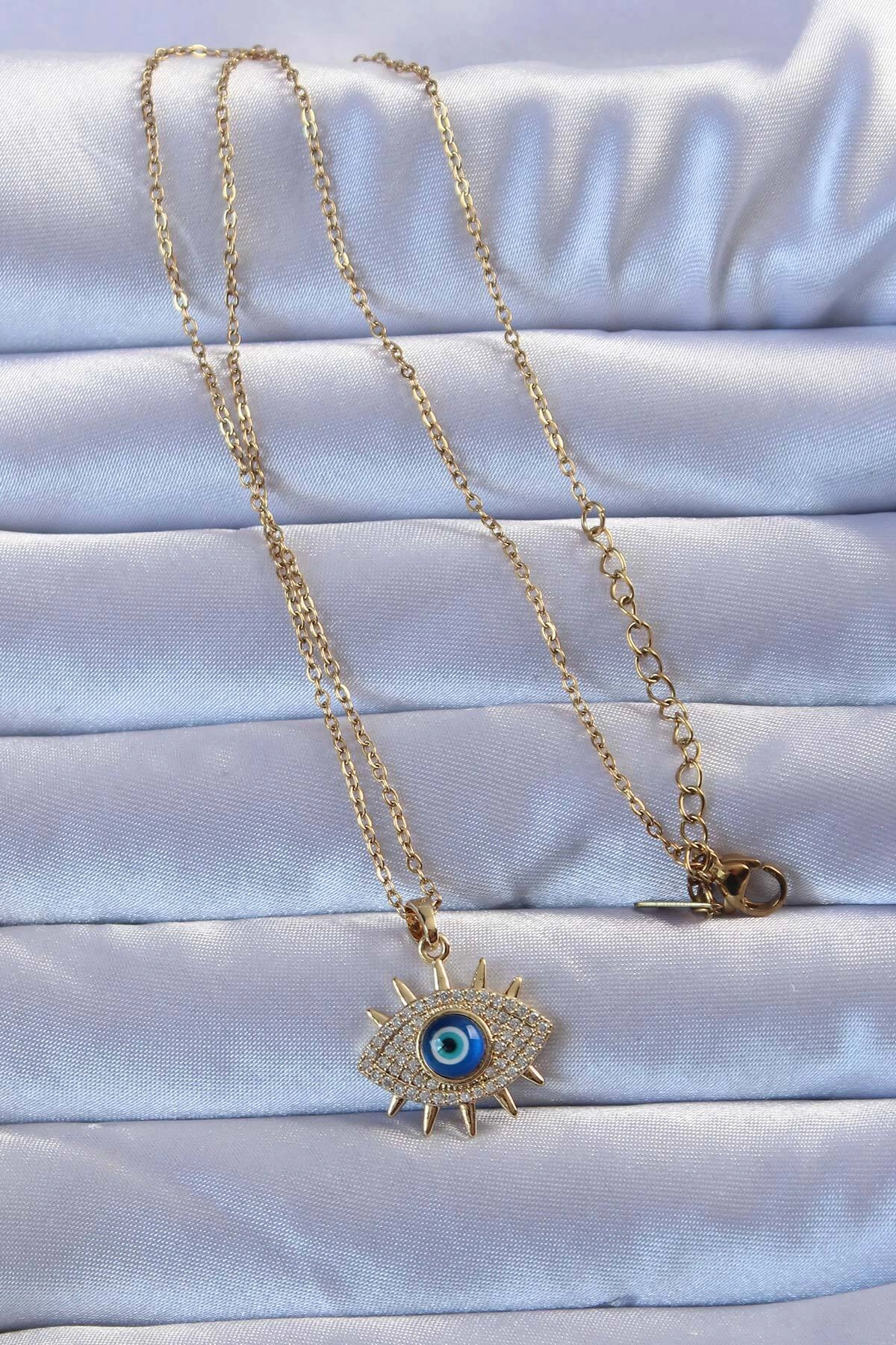 316L Altın Renk Zirkon Taşlı Nazarlı Göz Kolye-1