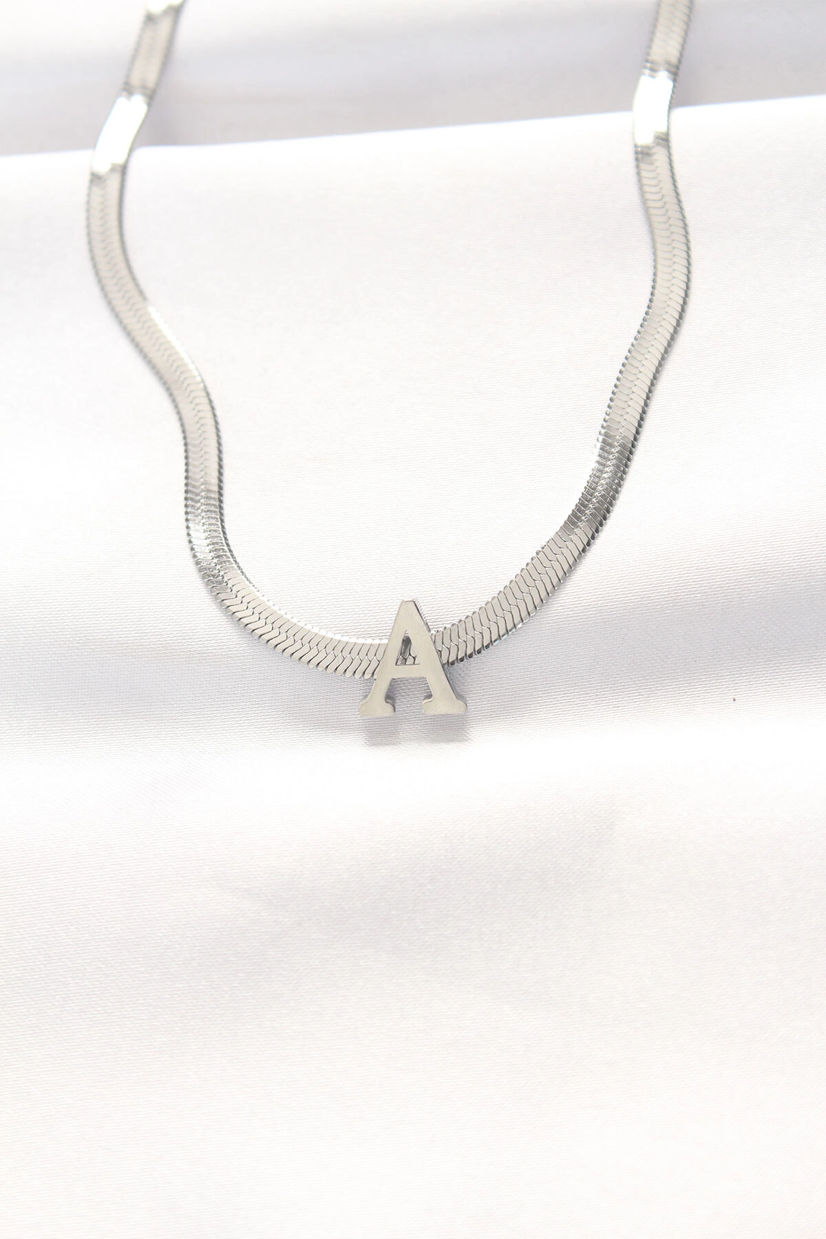 316L Çelik A Harfli Silver Renk İtalyan Zincirli Kolye-0