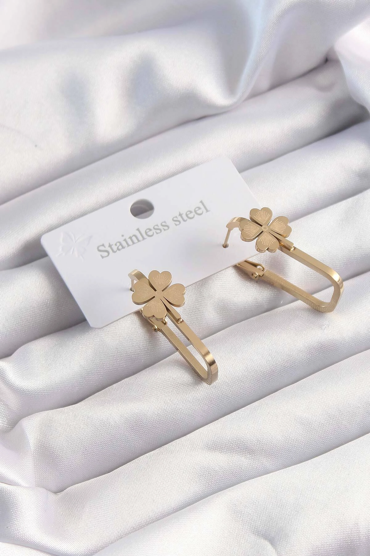 316L Çelik Altın Renk Geometrik Yonca Model Küpe-0