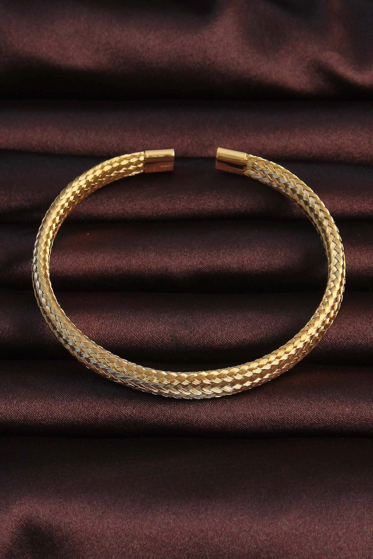 316L Çelik Altın Renk Hasır Görünüm Erkek Bileklik-1