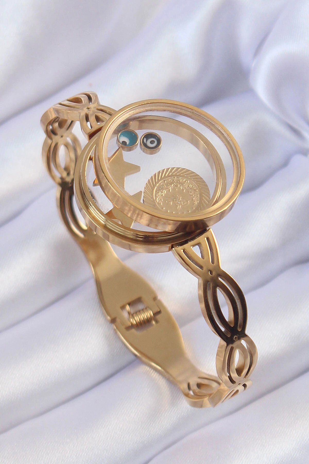 316L Çelik Altın Renk İçi Nazar Boncuk ve Yıldız Figürlü Açılabilir Fanus Kelepçe-1