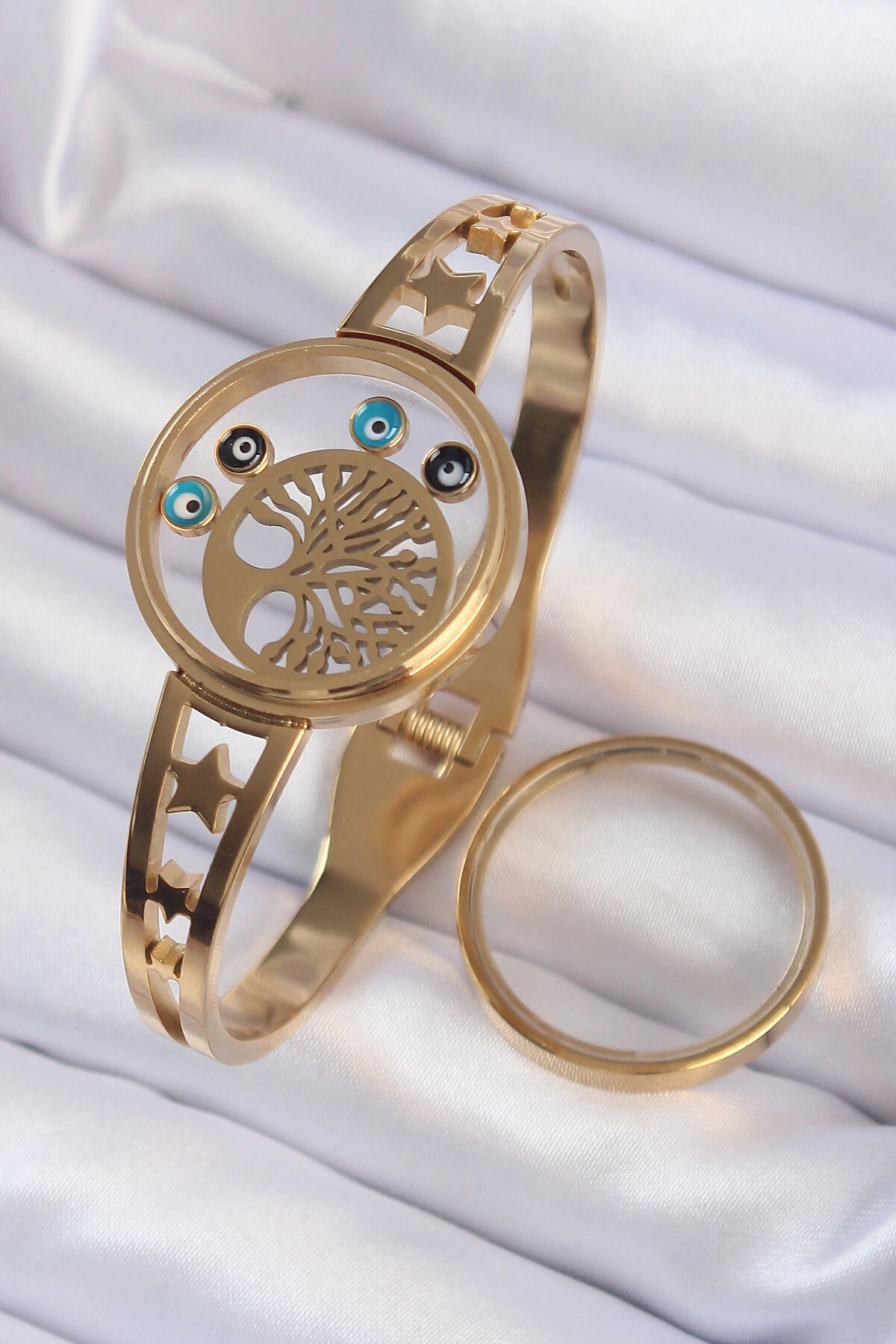 316L Çelik Altın Renk İçi Yaşam Ağacı ve Nazar Boncuk Figürlü Açılabilir Fanus Kelepçe-0