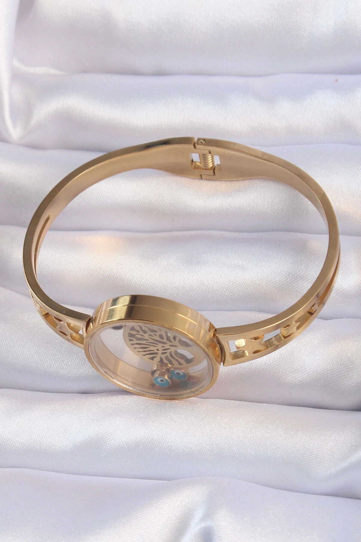 316L Çelik Altın Renk İçi Yaşam Ağacı ve Nazar Boncuk Figürlü Açılabilir Fanus Kelepçe-1