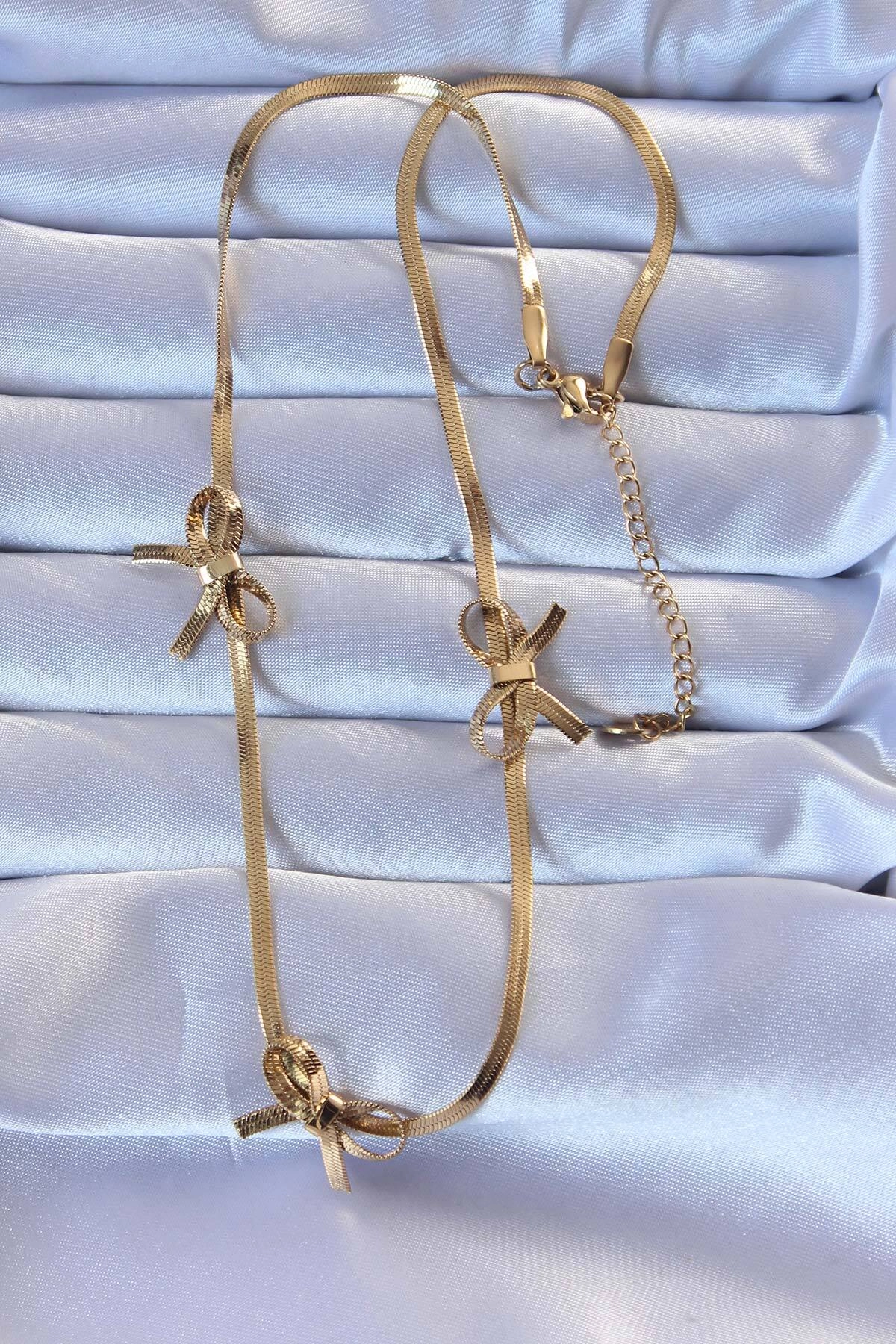 316L Çelik Altın Renk İtalyan Zincirli Fiyonk Kolye-1