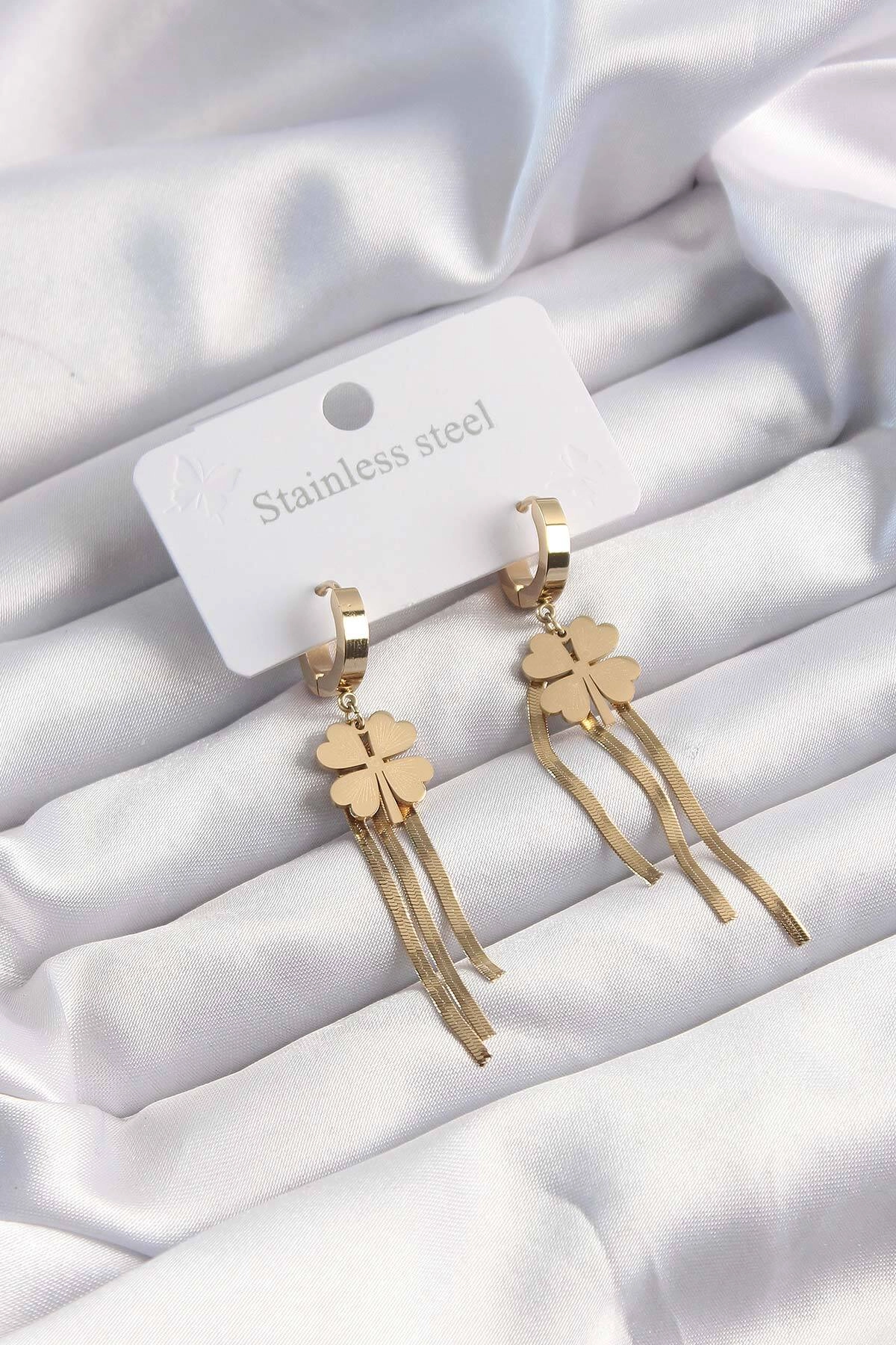 316L Çelik Altın Renk İtalyan Zincirli Yonca Model Halka Küpe-0