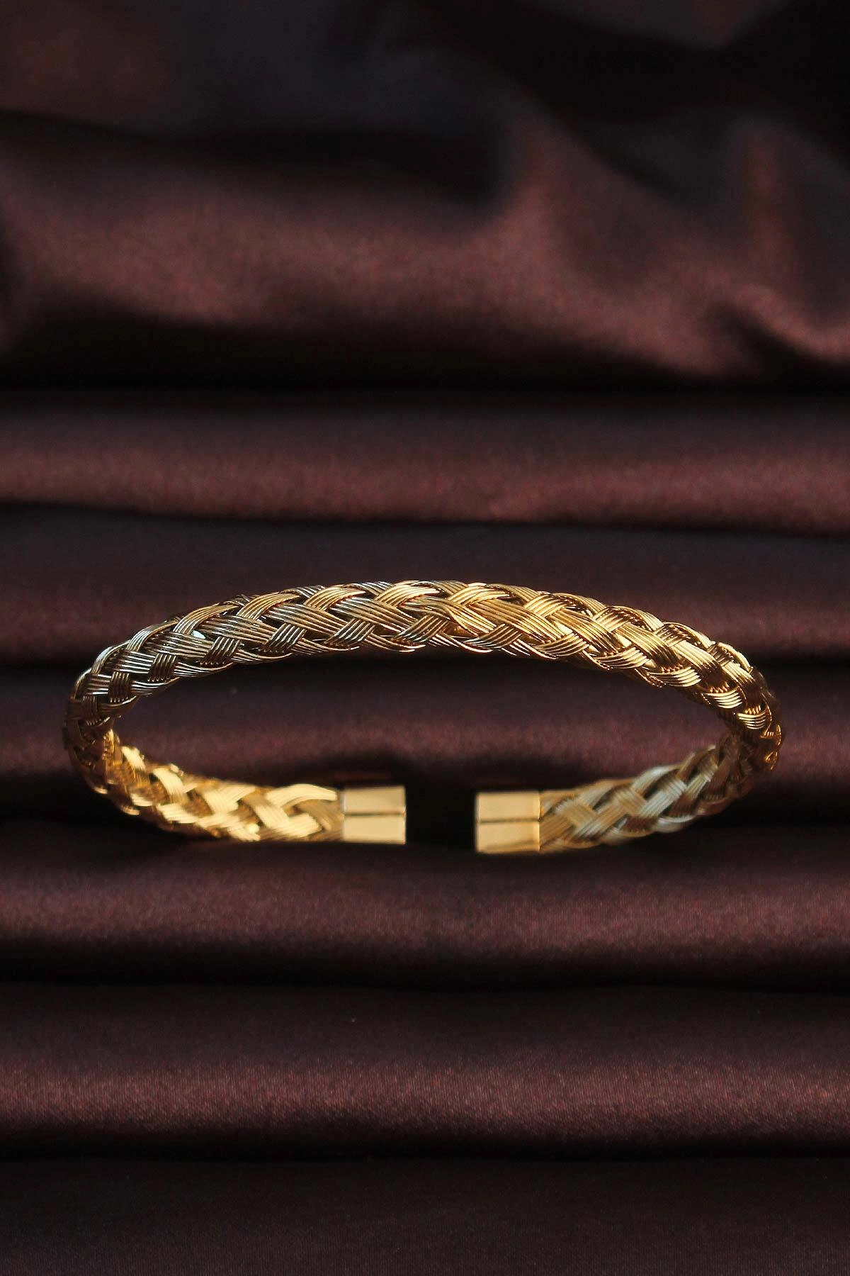 316L Çelik Altın Renk Kalın Yassı Örgü Model Erkek Bileklik-0