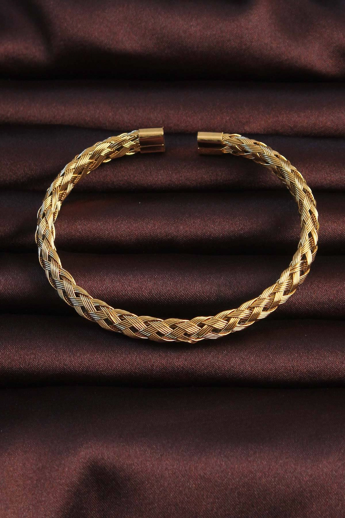 316L Çelik Altın Renk Kalın Yassı Örgü Model Erkek Bileklik-1