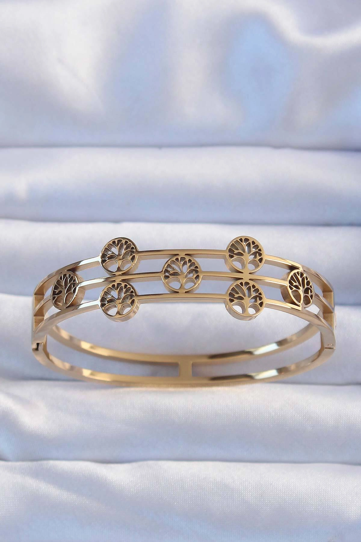 316L Çelik Altın Renk Minimal Yaşam Ağacı Tasarımlı Kelepçe-0