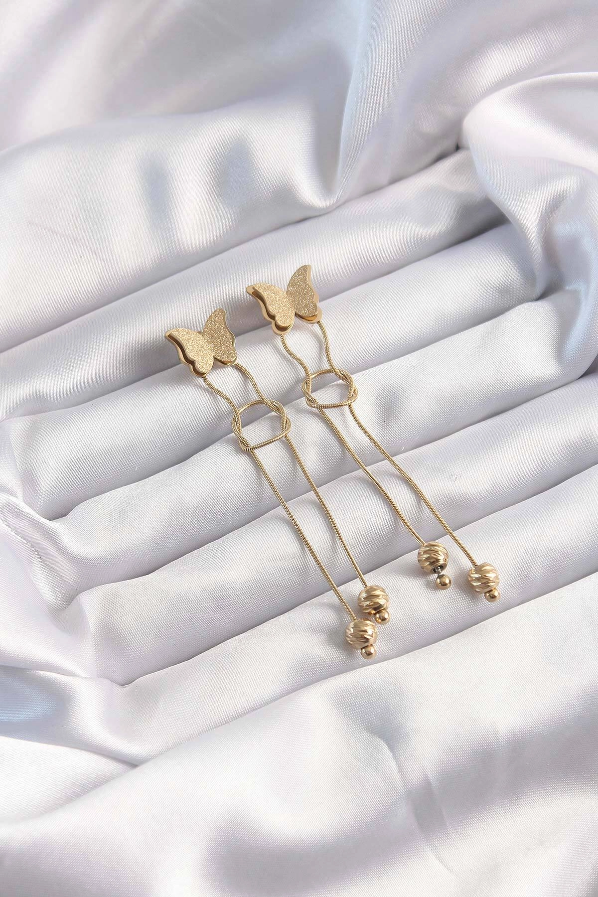 316L Çelik Altın Renk Sallantılı Düğüm Model Kelebek Küpe-1