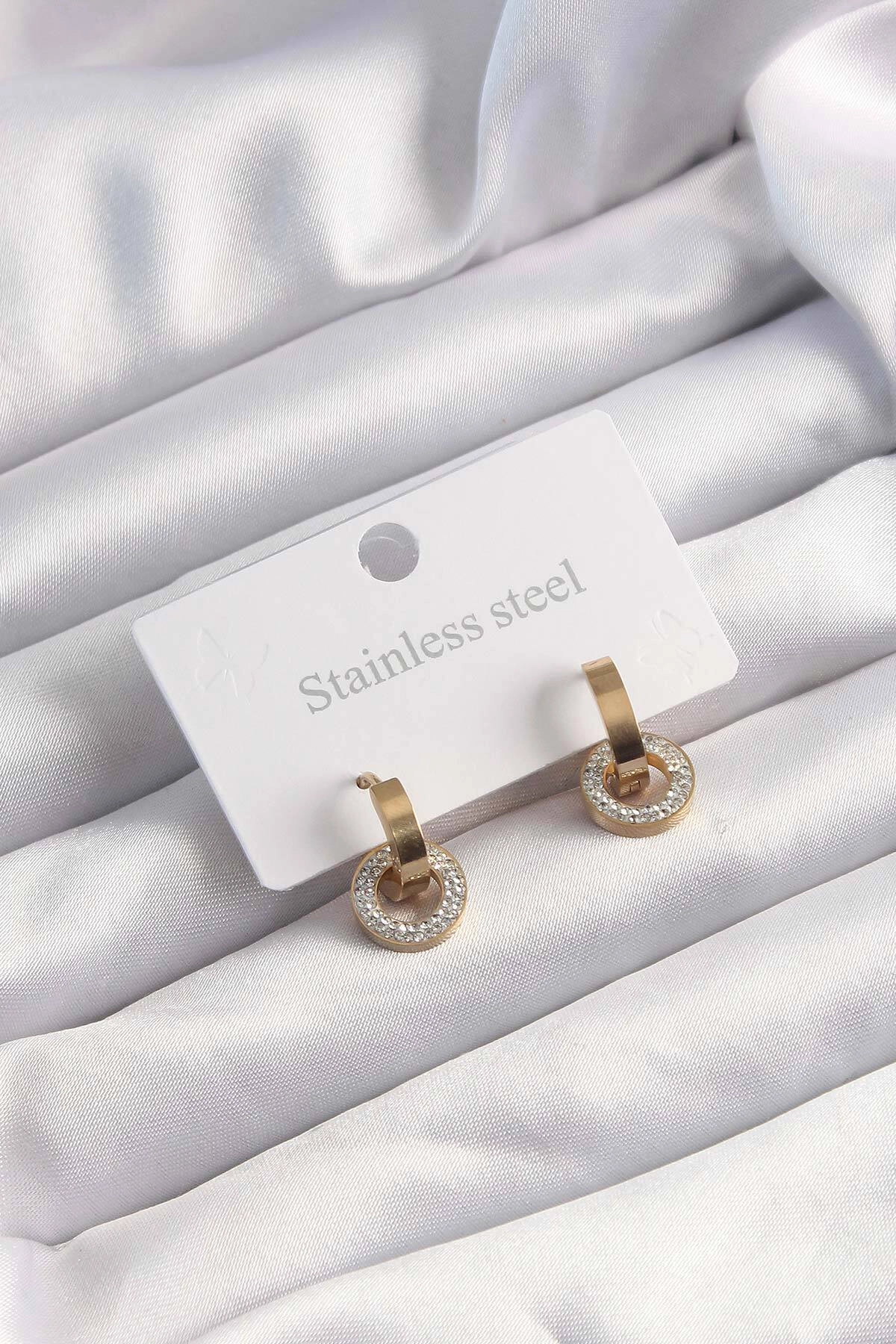 316L Çelik Altın Renk Zirkon Taşlı Halka Model Küpe-0