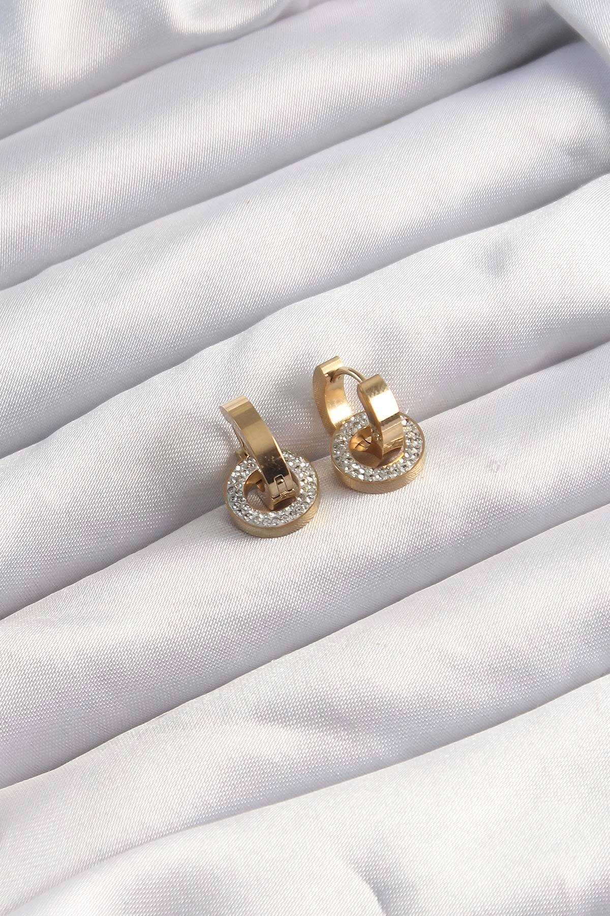 316L Çelik Altın Renk Zirkon Taşlı Halka Model Küpe-1