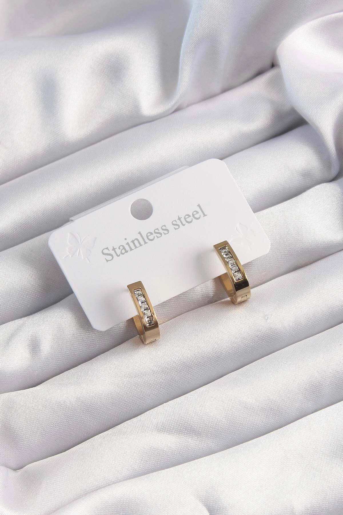 316L Çelik Altın Renk Zirkon Taşlı Halka Model Küpe-0