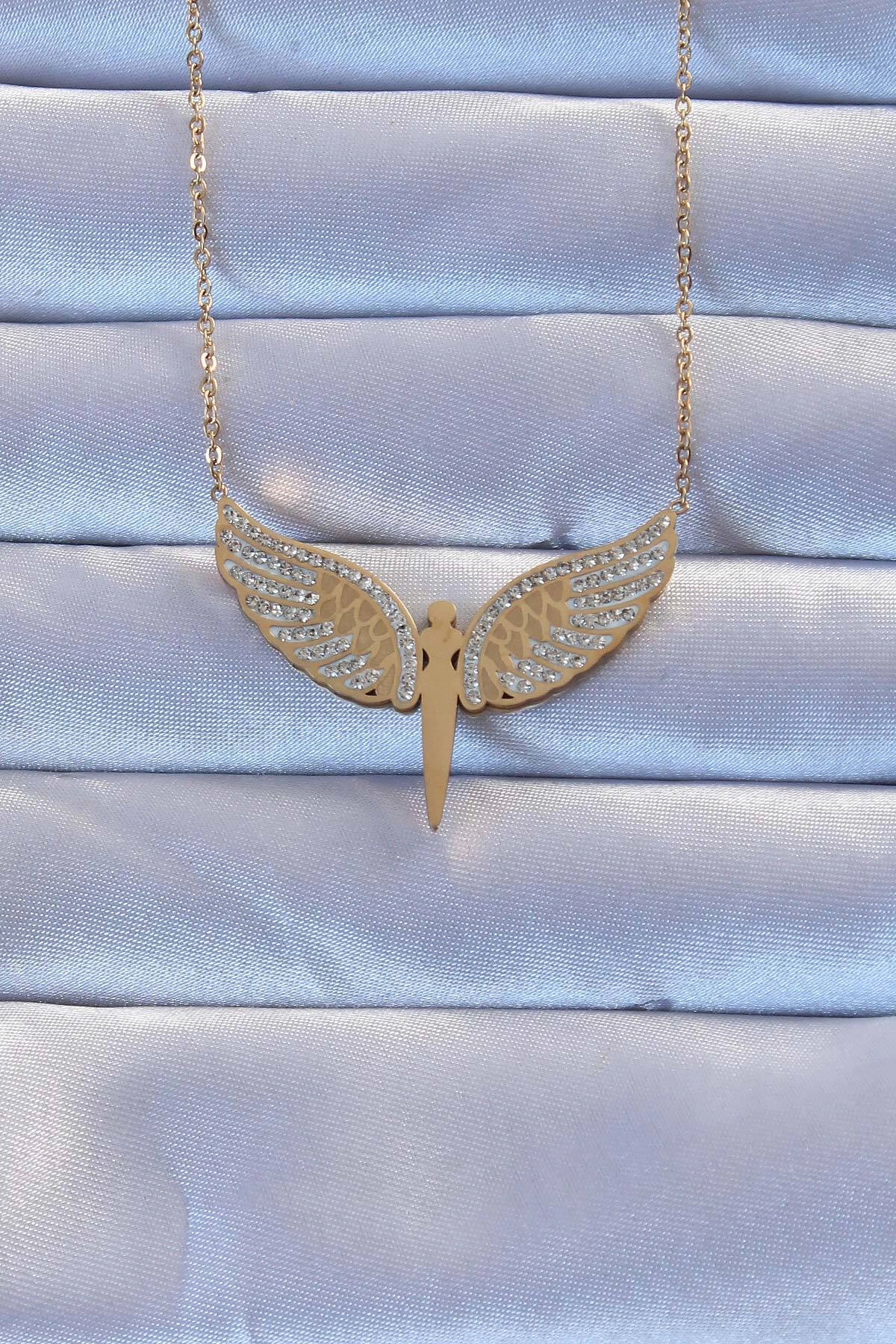 316L Çelik Altın Renk Zirkon Taşlı Mikail Kolye-0