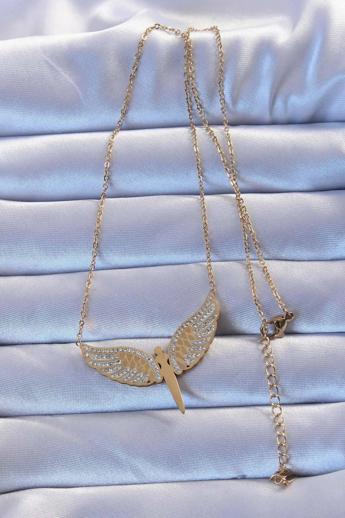 316L Çelik Altın Renk Zirkon Taşlı Mikail Kolye-1