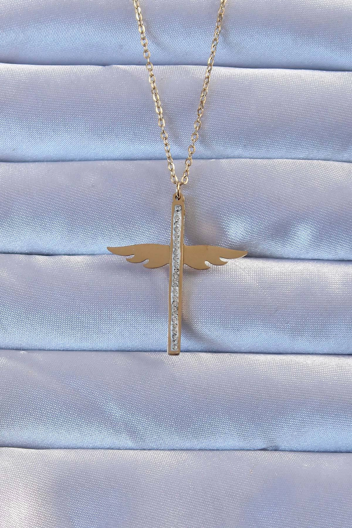 316L Çelik Altın Renk Zirkon Taşlı Mikail Kolye-0