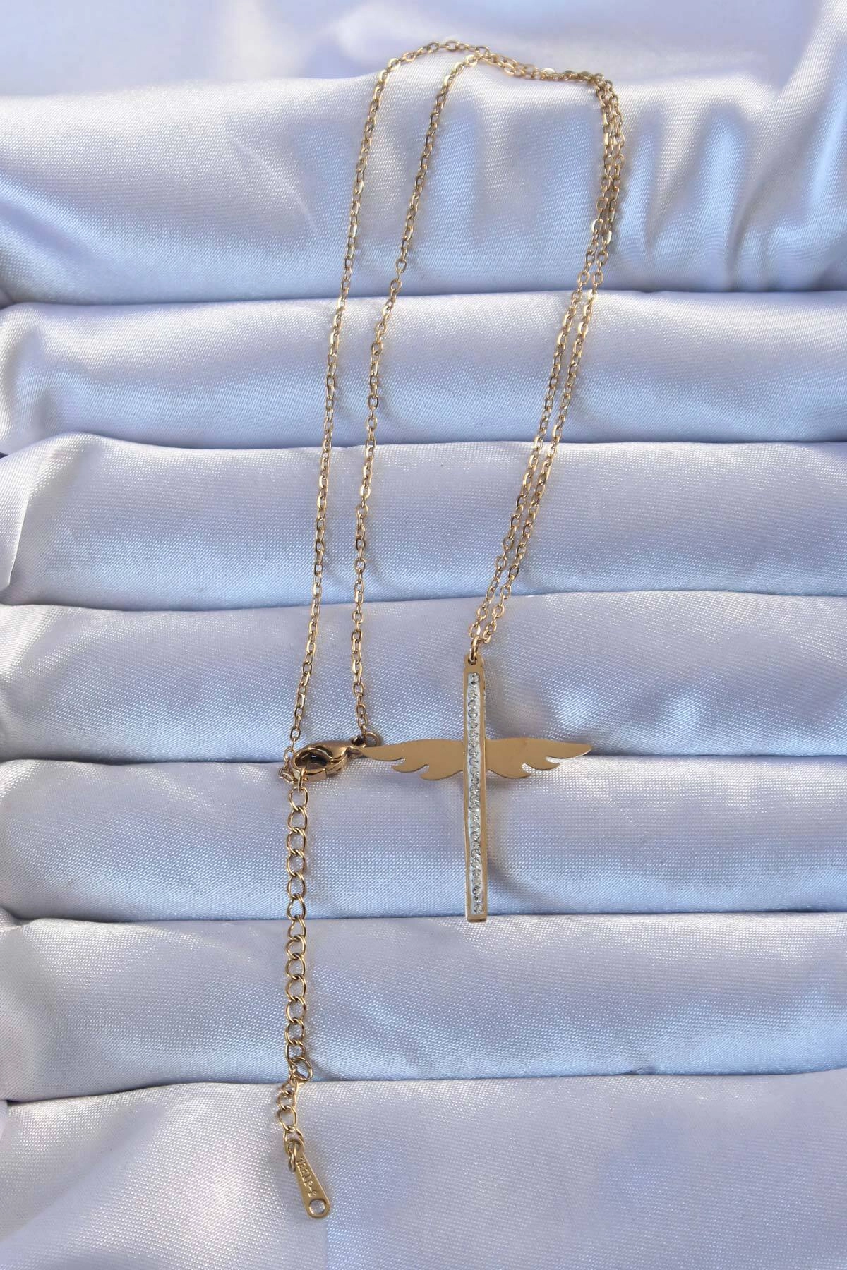 316L Çelik Altın Renk Zirkon Taşlı Mikail Kolye-1