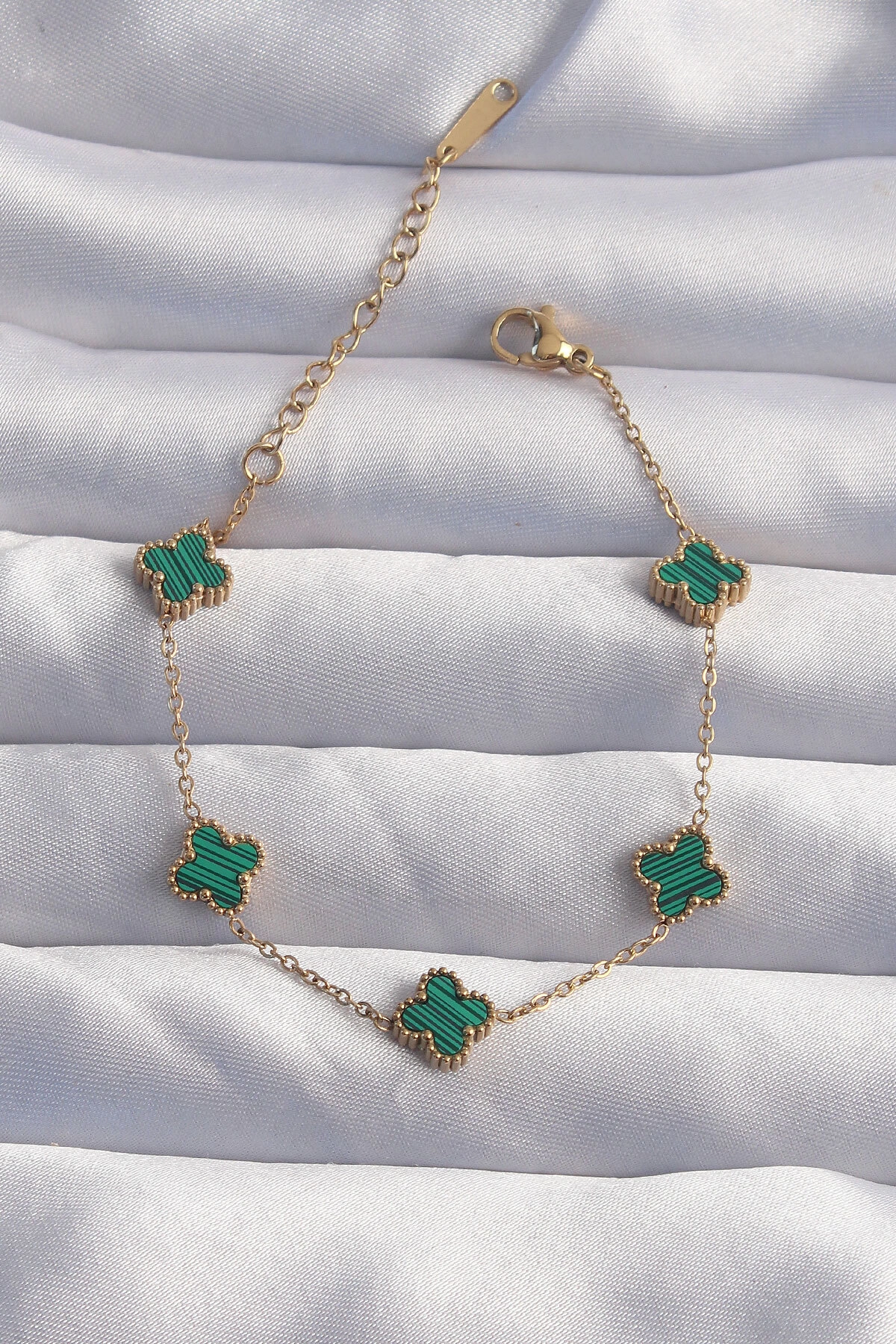 316L Çelik Baby Boy Gold Renk Çizgili Yeşil Mineli Yonca Bileklik-0