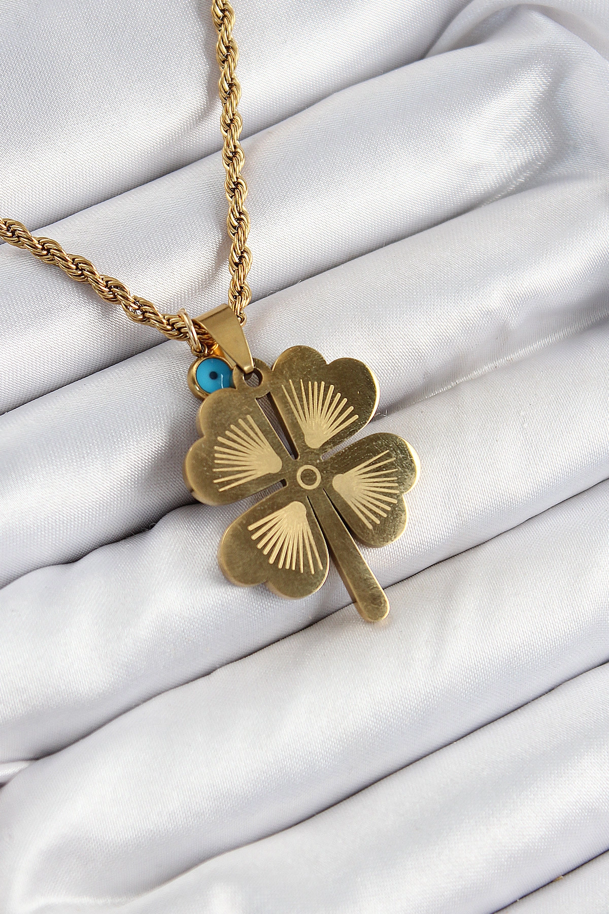 316L Çelik Burgu Zincirli Nazar Detaylı Yonca Model Gold Renk Kadın Kolye-0