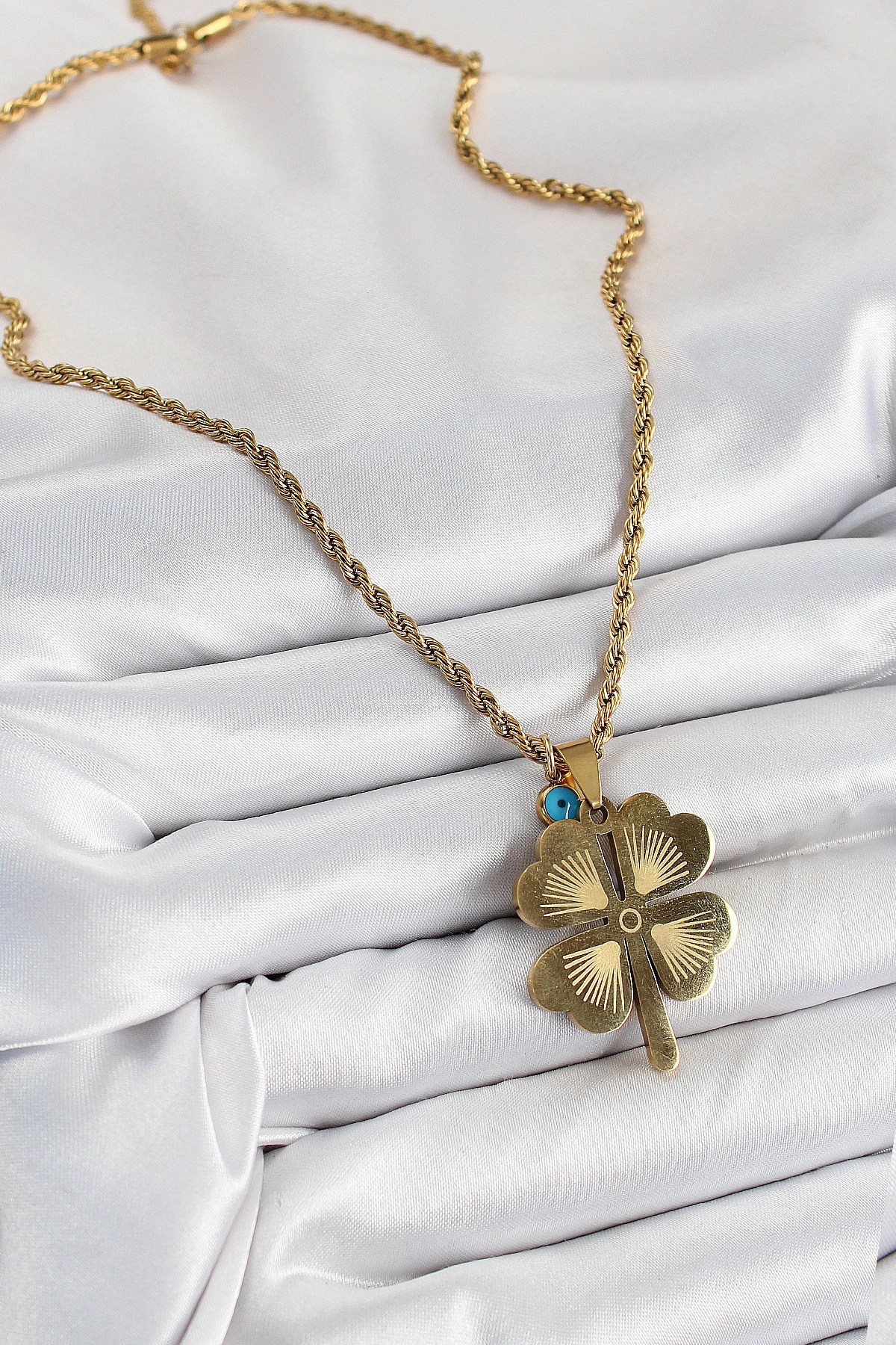 316L Çelik Burgu Zincirli Nazar Detaylı Yonca Model Gold Renk Kadın Kolye-1