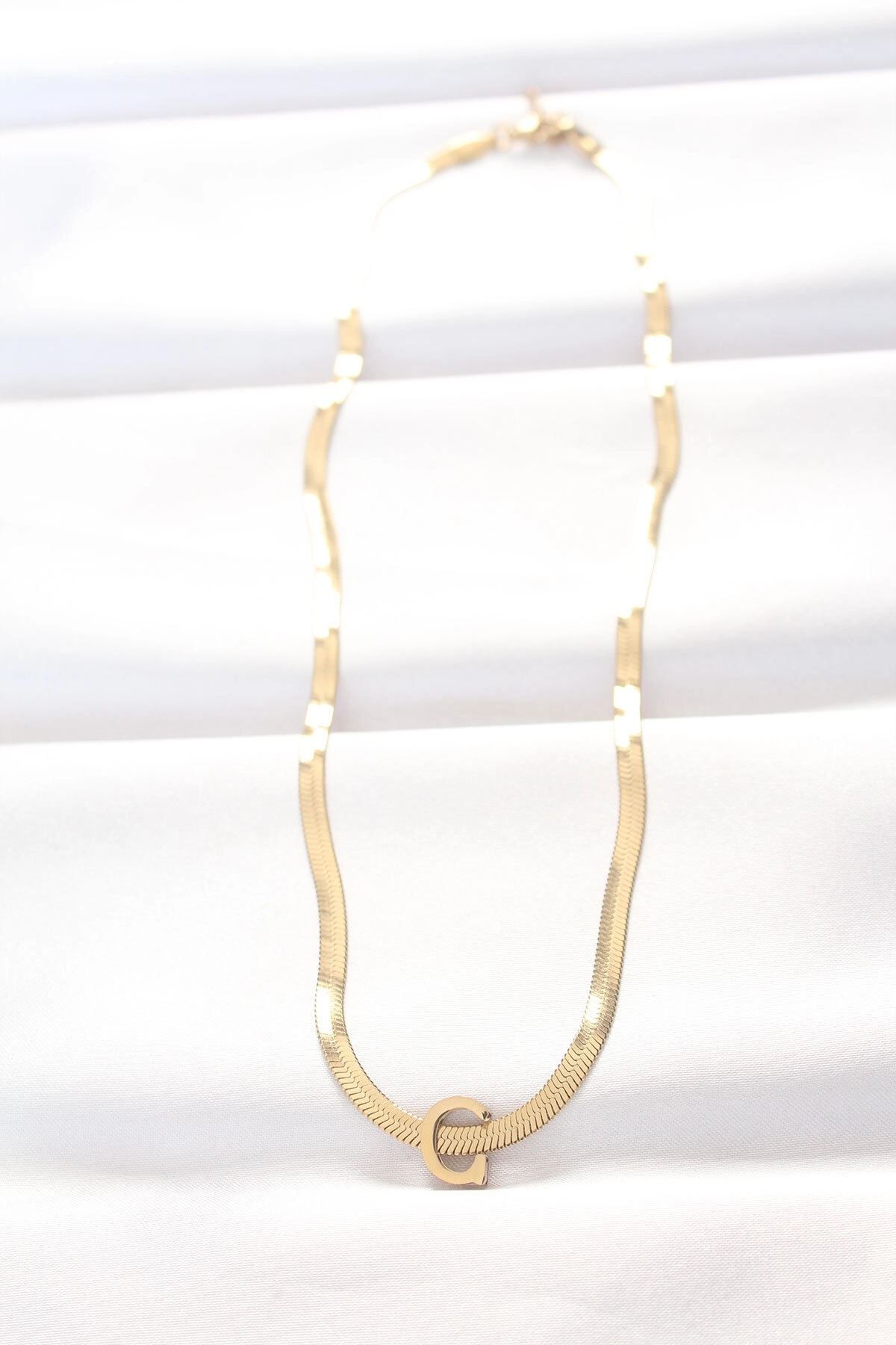 316L Çelik C Harfli Gold Renk İtalyan Zincirli Kolye-1