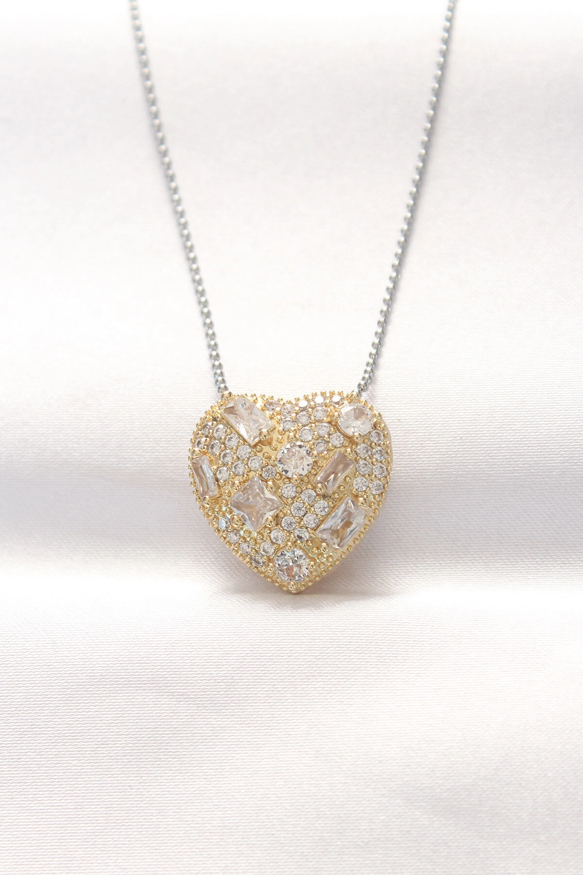 316L Çelik Çift Renk Zirkon Taşlı Kalp Kolye-0