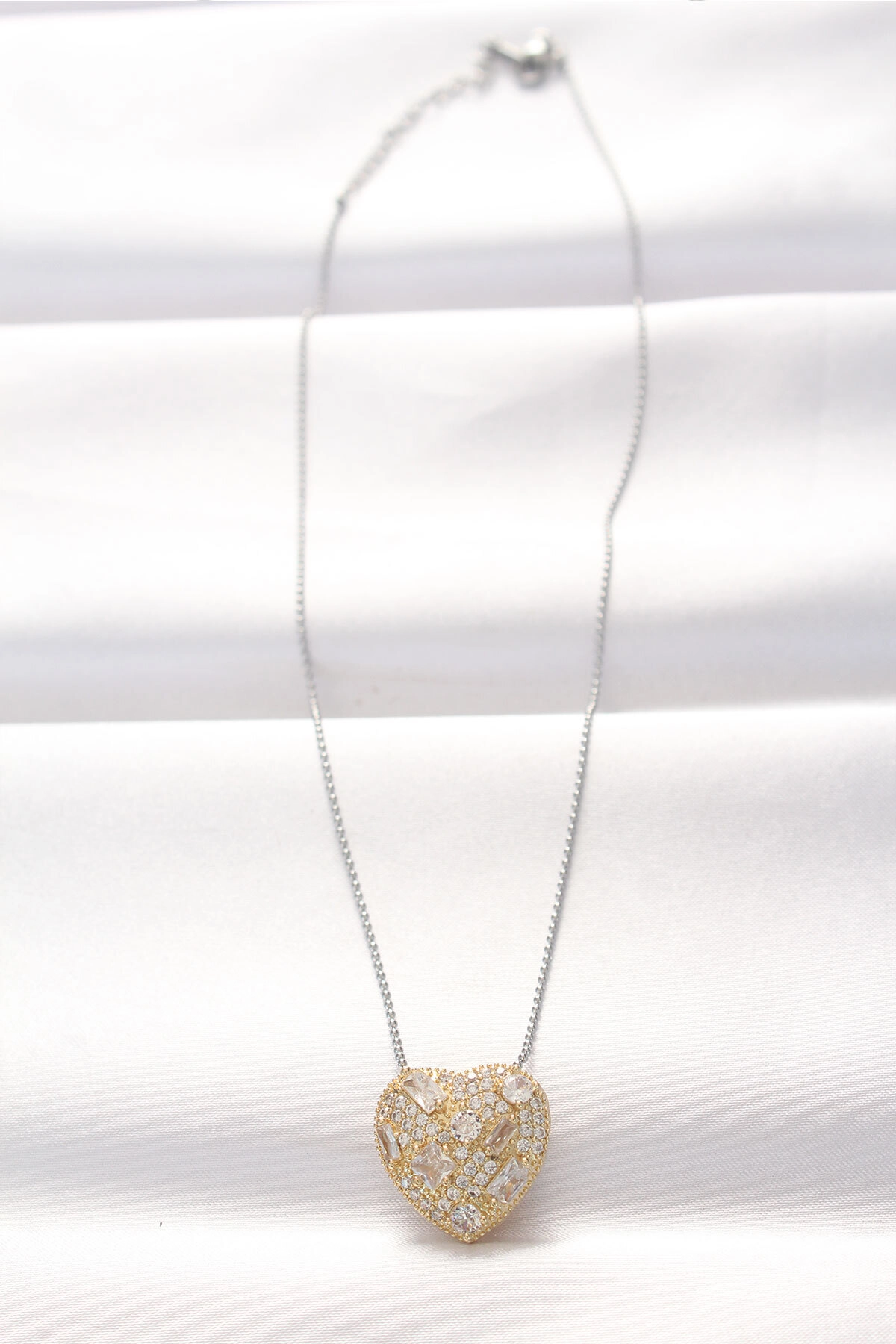 316L Çelik Çift Renk Zirkon Taşlı Kalp Kolye-1