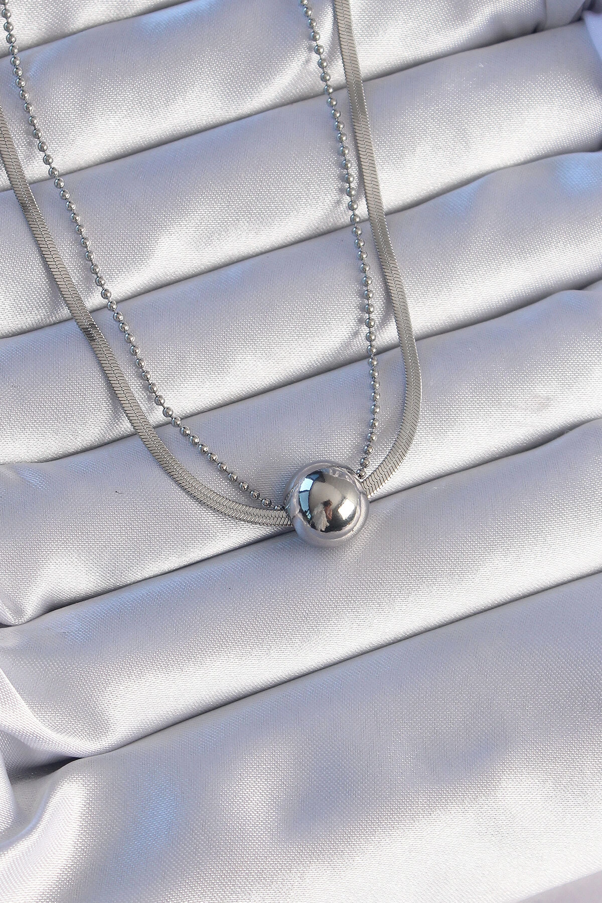 316L Çelik Çift Zincirli Gümüş Renk Topçuk İtalyan Model Kolye-0