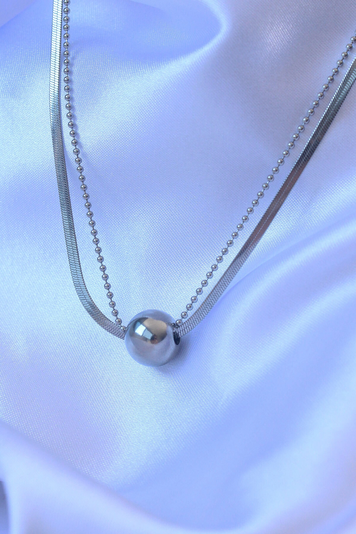 316L Çelik Çift Zincirli Gümüş Renk Topçuk İtalyan Model Kolye-1