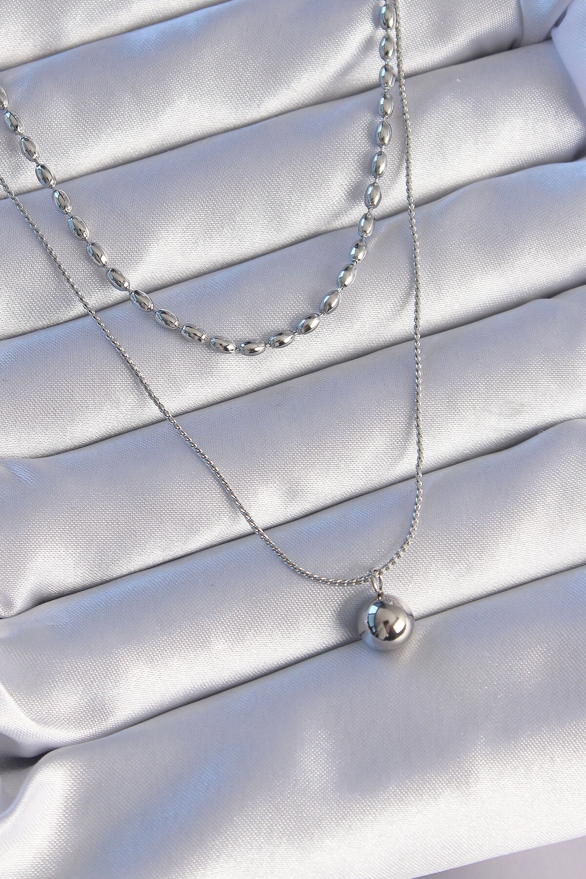 316L Çelik Çift Zincirli Gümüş Renk Topçuk Model Kolye-0