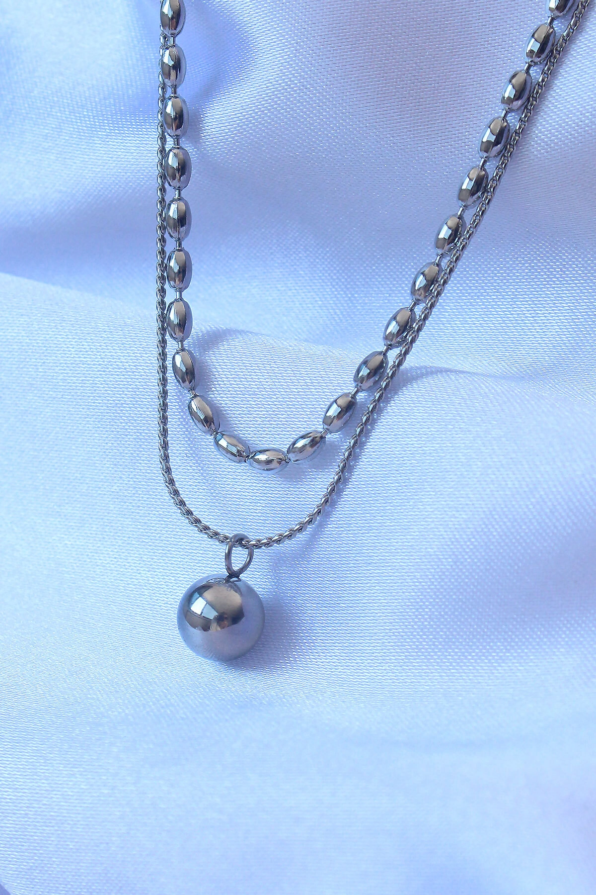 316L Çelik Çift Zincirli Gümüş Renk Topçuk Model Kolye-1