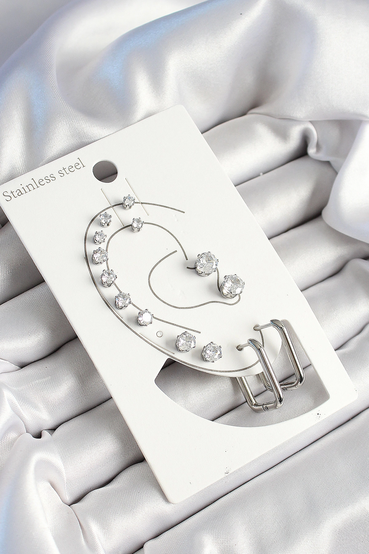 316L Çelik Dikdörtgen Figürlü Ve Zirkon Taşlı Gümüş Renk 7'li Çift Kadın Küpe Set-0