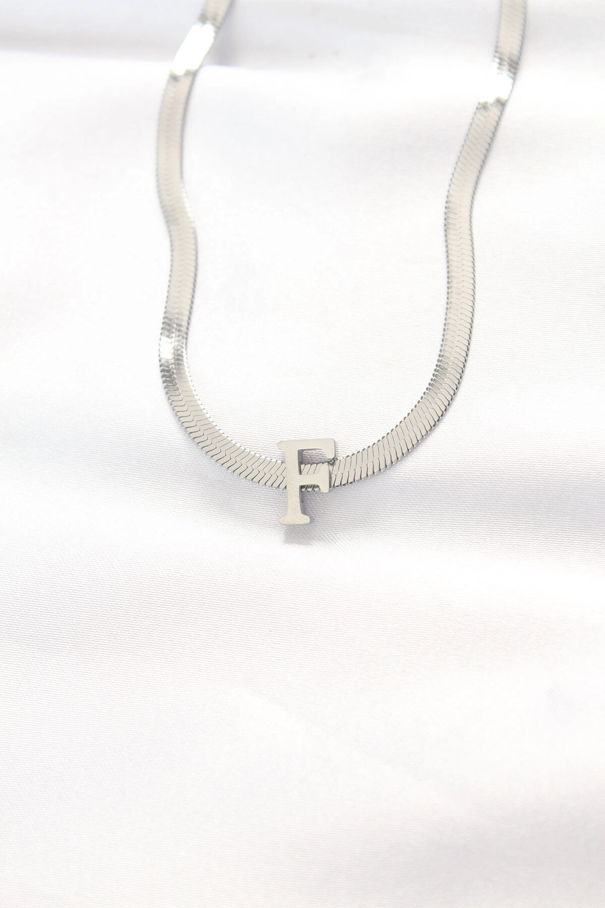 316L Çelik F Harfli Silver Renk İtalyan Zincirli Kolye-0