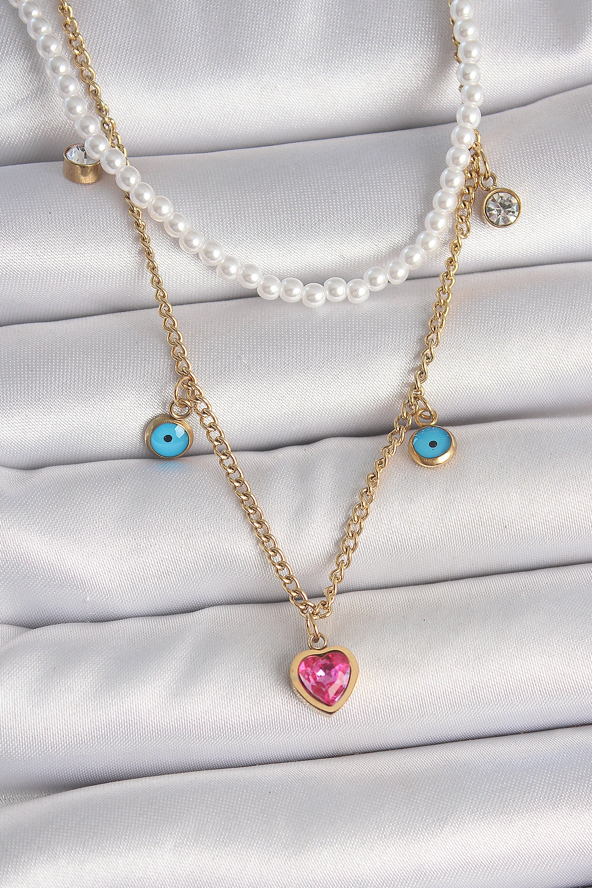 316L Çelik Gold Renk 2'Li İnci Zincir Model Pembe Taşlı Kalp Figür Nazar Boncuk Detay Kadın Kolye-0