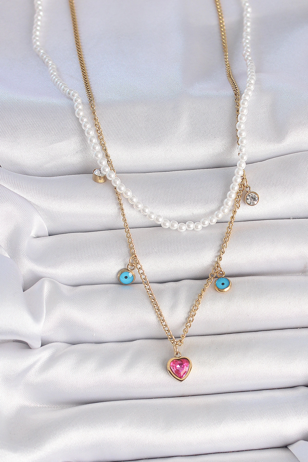 316L Çelik Gold Renk 2'Li İnci Zincir Model Pembe Taşlı Kalp Figür Nazar Boncuk Detay Kadın Kolye-1