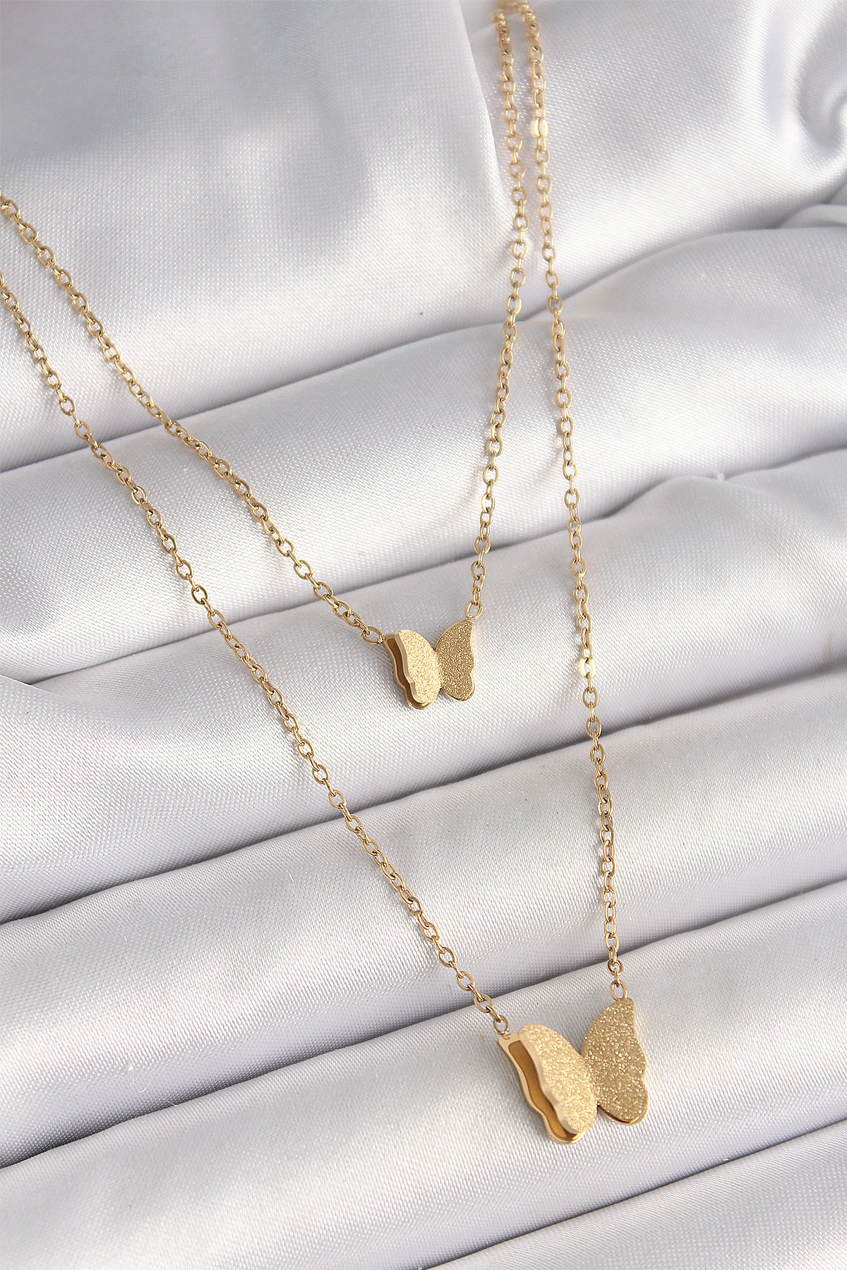 316L Çelik Gold Renk 2'Li Simli Kelebek Model Kadın Kolye-0