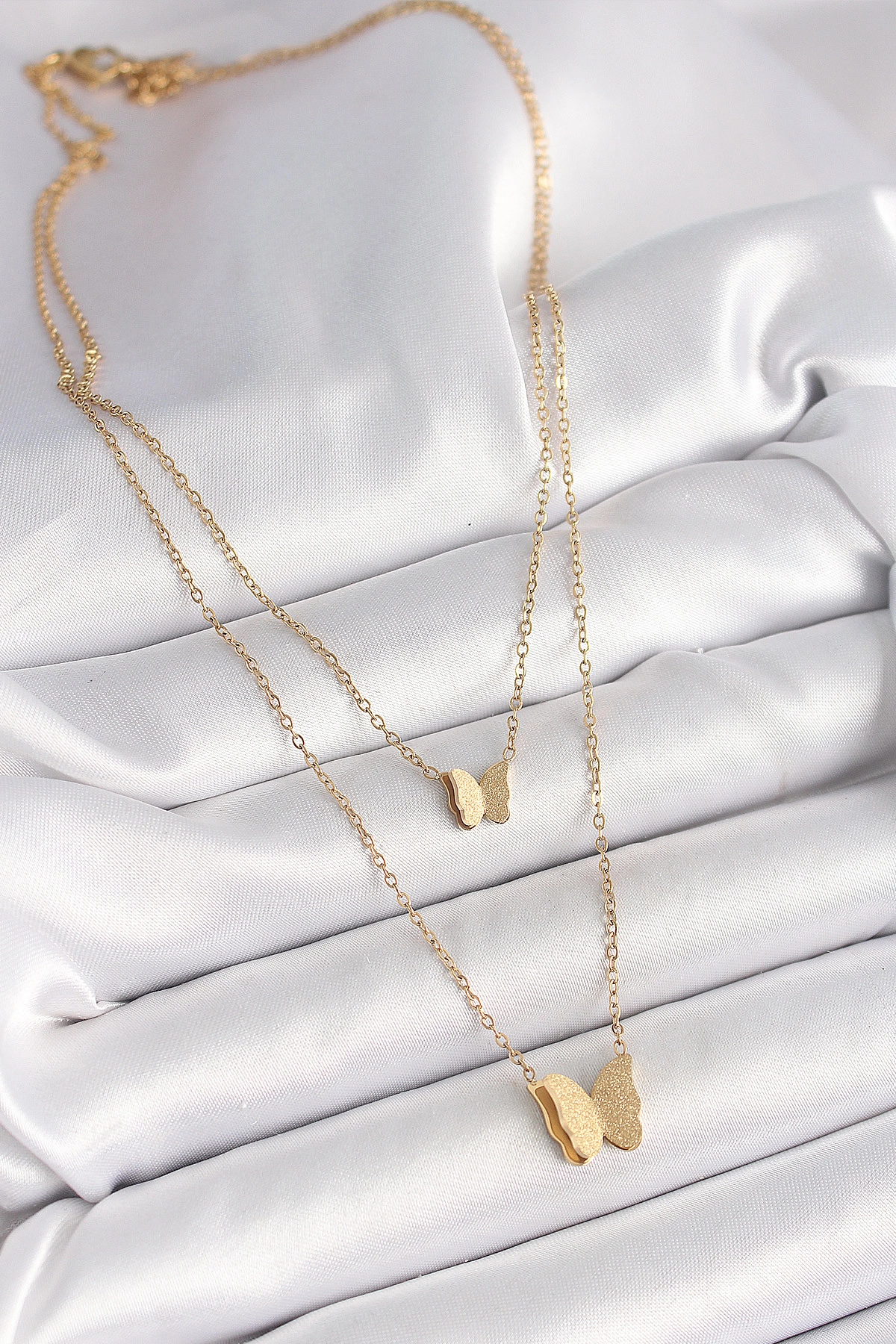 316L Çelik Gold Renk 2'Li Simli Kelebek Model Kadın Kolye-1