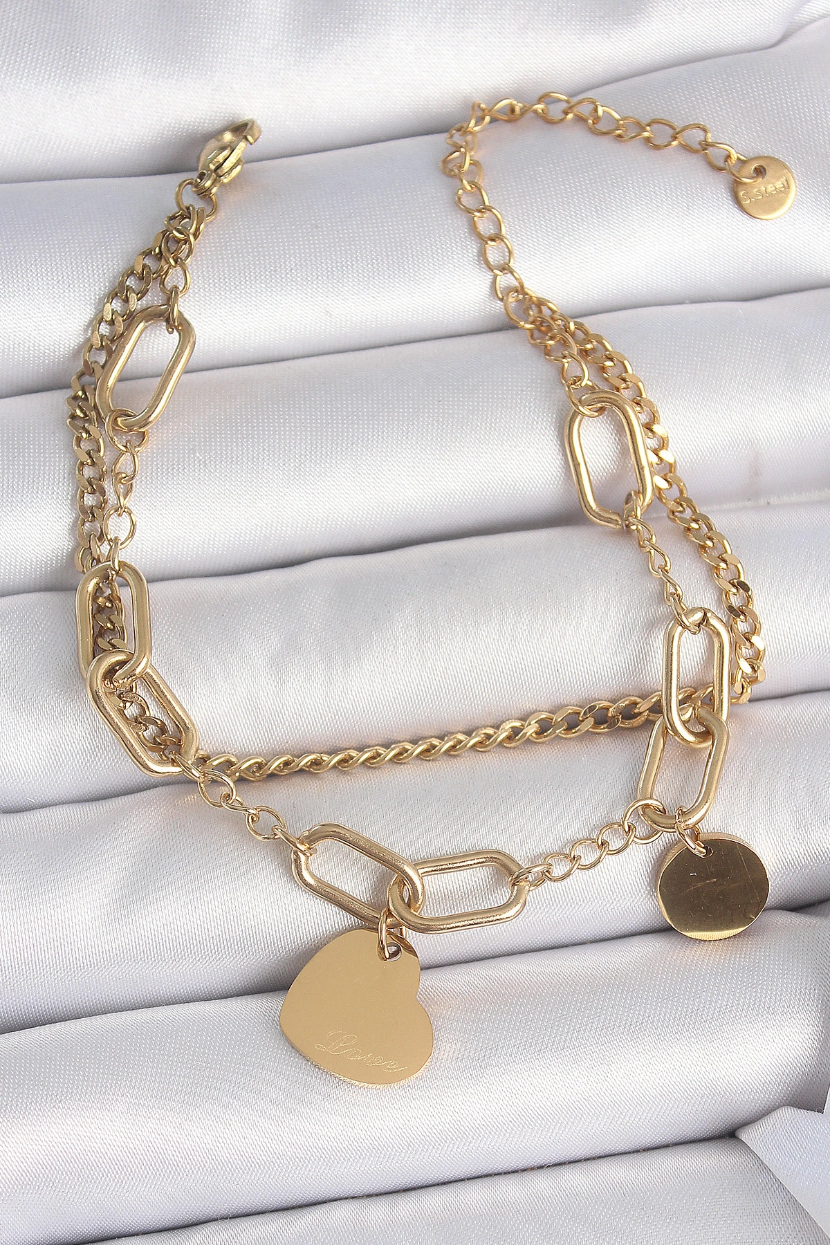 316L Çelik Gold Renk 2'Li Zincir Model Sallantı Kalp Figür Kadın Bileklik-0