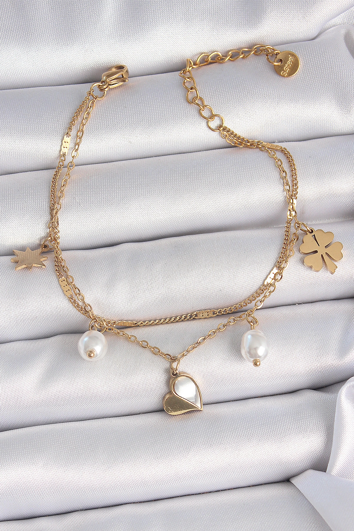 316L Çelik Gold Renk 2'li Zincir Model Sallantı Kalp Figür Yonca Detay Kadın Bileklik-0