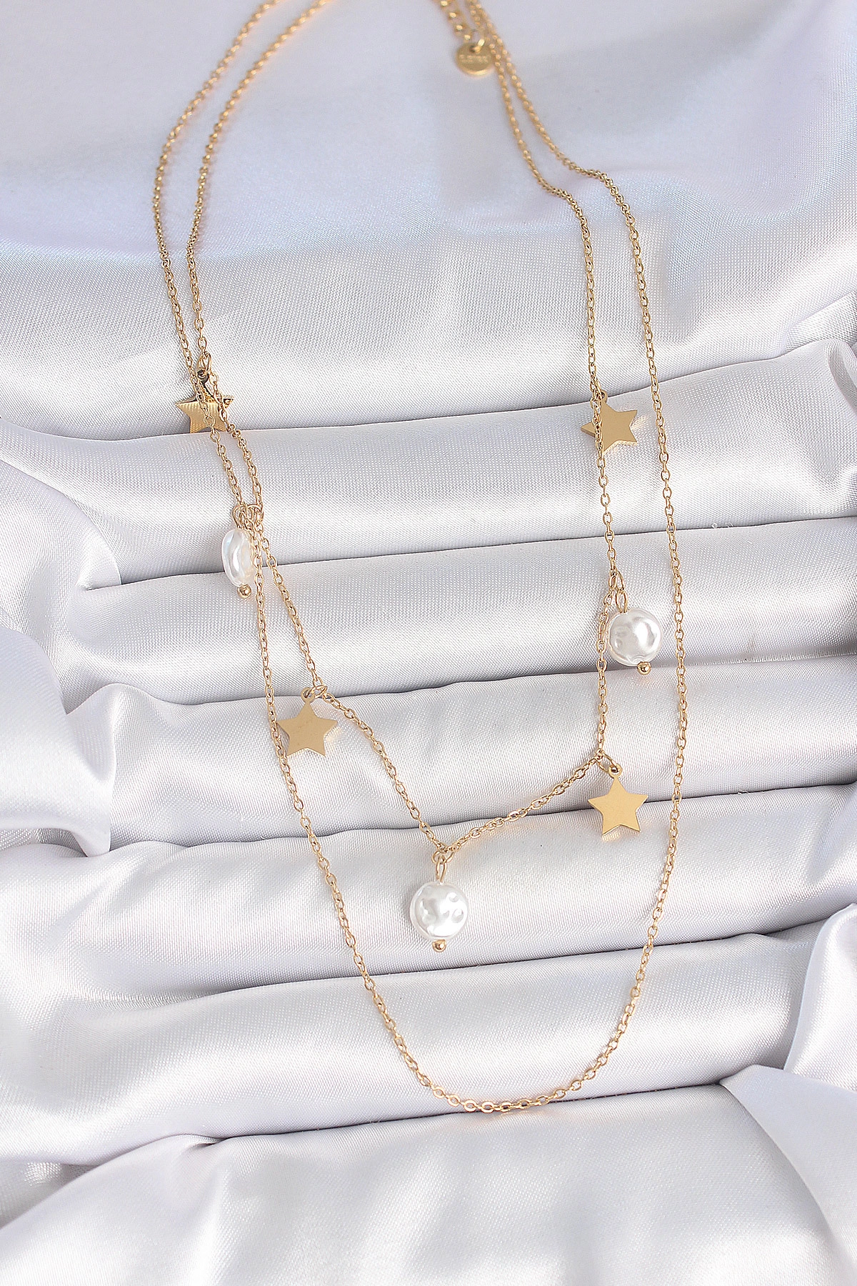 316L Çelik Gold Renk 2'Li Zincir Sallantı Yıldız İnci Model Kadın Kolye-1