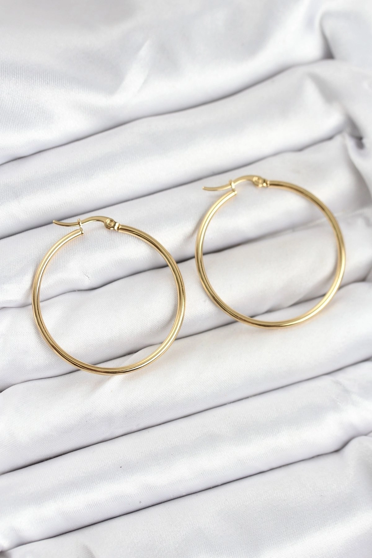 316L Çelik Gold Renk 35 mm Halka Kadın Küpe-0