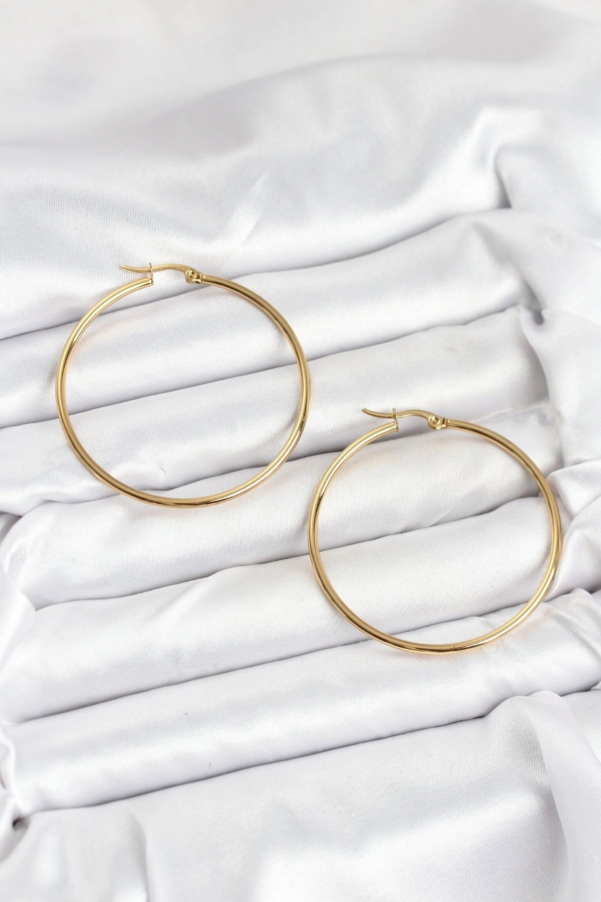 316L Çelik Gold Renk 45 mm Halka Kadın Küpe-0